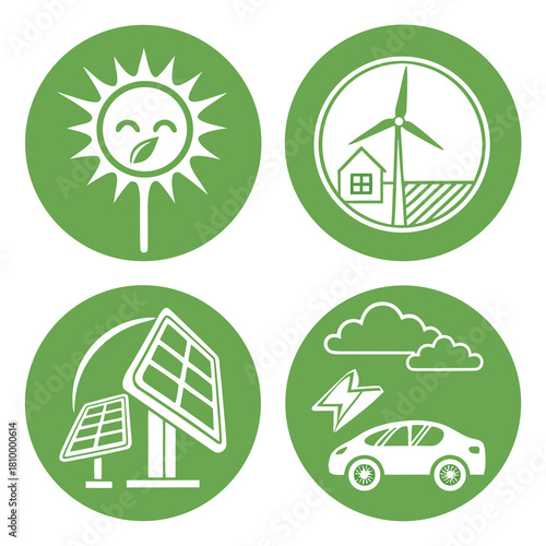 Renewable Energy Icons Set  Solar Panel, Wind Turbine, Electric Car, Green Power Station