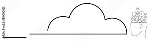 Outline of a cloud connected to a human head filled with blooming flowers, representing creative thinking, innovation, and mental growth. Ideal for personal development, mindfulness, imagination