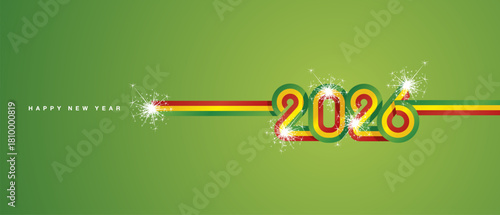 2026 New Year continuous ribbon. Abstract green yellow red flag of Ethiopia Senegal in the shape of 2026 logo with sparkle firework for calendar, banner, poster, social media post