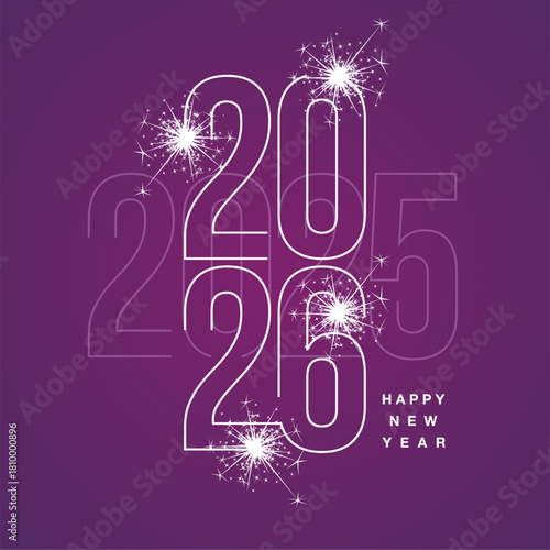Happy New Year 2026 line light purple and white shining typography crossover transitions 2025 to 2026 year with sparkle firework on purple isolated background icon logo