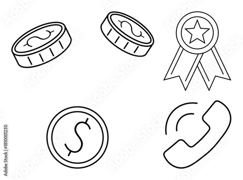 Coins with dollar signs, award ribbon with a star, and phone illustration. Ideal for finance, achievement, communication, customer service, business success and leadership. Simple flat metaphor