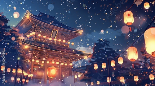 Ōmisoka: Illustrated Japanese temple on New Year's Eve, glowing lanterns floating in night sky, stylized kadomatsu decorations, golden bell gleaming under moonlight