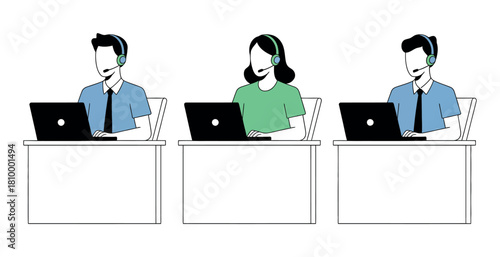 Three people wearing headsets work on laptops at desks in a call center.