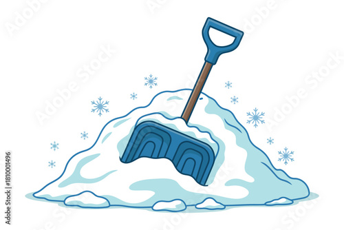 A shovel is stuck in a large pile of snow with snowflakes falling around it.