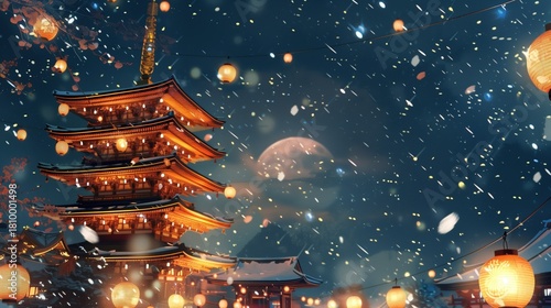 Ōmisoka: Illustrated Japanese temple on New Year's Eve, glowing lanterns floating in night sky, stylized kadomatsu decorations, golden bell gleaming under moonlight