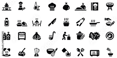 Collection of kitchen utensils and cooking equipment icons isolated on on white background