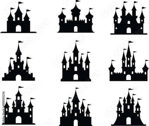 Castle silhouette icons, fantasy fortress symbols, medieval architecture set, black vector castles, fairytale turrets, symmetrical towers, battlements, flags, graphic design elements, logo templates