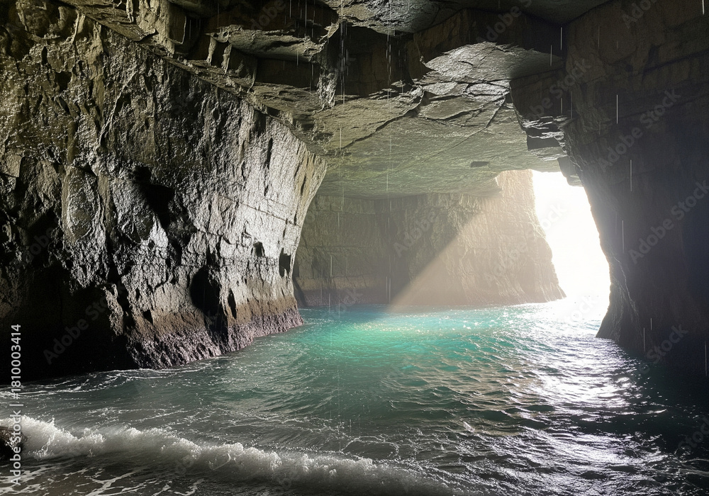 Naklejka premium Mystical Sea Cave with Light Streaming Through A Natural Wonder of Cliffs and Azure Waters