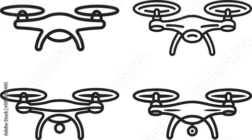 Quadrocopter drone outline vector icon set isolated on transparent background thin line style