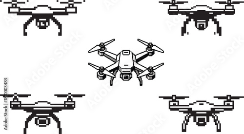 Quadrocopter drone pixel art vector icon set isolated on transparent background video game style
