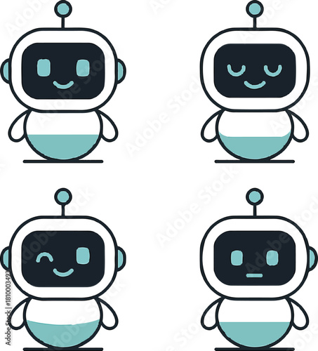Cute Chatbot Robot Emote Avatars Displaying Different Artificial Intelligence Emotions.