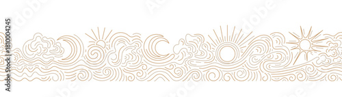 Golden sun and line of moon, ocean waves. Art seamless border