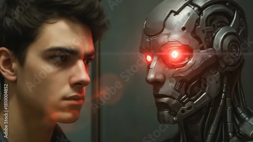 Confrontation between human and machine intelligence. Young man examining cyborg portrait with intense red light. Stable camera with zoom in and zoom out.