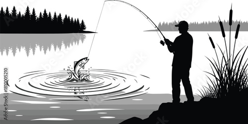 Fishing silhouette at lake, peaceful nature scene, man catching fish, outdoor recreation, sunrise reflection, tranquil water, wildlife moment, rural landscape, hobby, adventure, calm morning