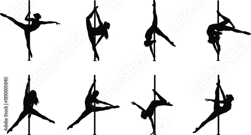 Pole dancing silhouettes, female acrobats, fitness art, athletic poses, vertical pole tricks, dance performance, strength training, flexibility, choreography, black figures, sport concept, isolated