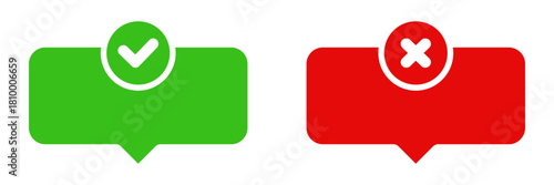 Green Check And Red Cross Speech Bubble Icons. Approval And Rejection Decision-Making Silhouette Symbols. Communication And Feedback Indicators. Isolated Vector Illustration
