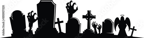 Graveyard silhouette, zombie hands, spooky cemetery, Halloween scene, undead rising, angel figure, horror illustration, dark art, scary night, resurrection theme