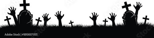 Graveyard silhouette, zombie hands rising, Halloween horror scene, spooky tombstones, undead illustration, creepy cemetery, dark night, scary vector art