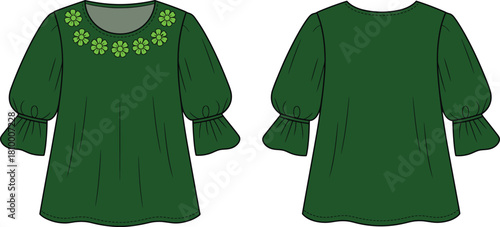Green blouse, floral neckline, puff sleeves, fashion illustration, garment design, front and back view, stylish top, clothing template, apparel mockup, trendy outfit