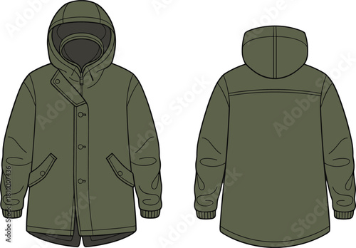 Green hooded winter coat, insulated outerwear, front and back view, fashion illustration, cold weather jacket, apparel mockup, ribbed cuffs