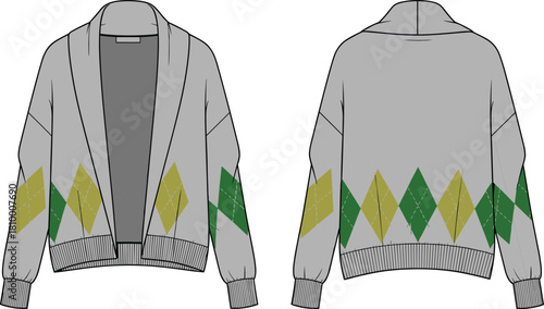 Grey oversized argyle cardigan technical drawing, fashion flat vector with shawl collar and ribbed trim, front and back view illustration.