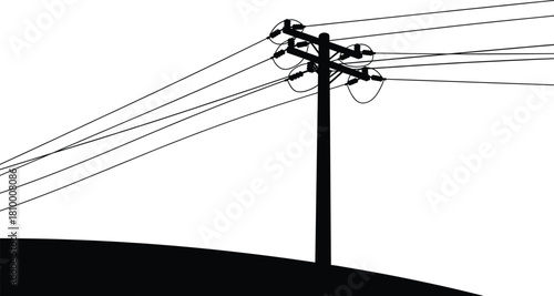 Utility pole silhouette, power lines on hill, black and white infrastructure, rural electricity, energy distribution, minimal landscape, engineering concept, urban grid, transmission structure