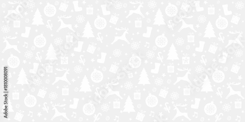 Christmas holiday background. Vintage Merry Christmas And Happy New Year seamless pattern with gift boxes, deer, Christmas ball, Xmas tree, mittens, stars, boots and snowflakes. Vector Illustration