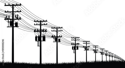 Utility poles, electrical infrastructure, power lines, transformers, rural grid, energy distribution, perspective view, industrial scene, outdoor utility, engineering, symmetry, depth,