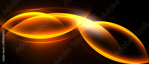 Bright orange curves overlap black background. Light radiates from center, creating dynamic visual effect. Smooth gradients define shapes.