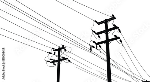 Utility poles, power lines, electrical grid, urban infrastructure, silhouette, energy distribution, network cables, high voltage, digital illustration, vector art, industrial scene, blue outlines