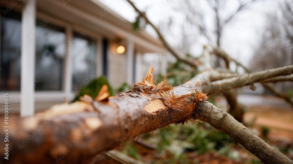 Fototapeta premium Dwelling structure damaged by collapsed tree limbs faceless storm destruction defocused aftermath background severe winter weather damage property destruction scene natural