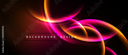 Abstract neon lines over black background. Bright orange, pink hues create dynamic visual effect. Modern design element.