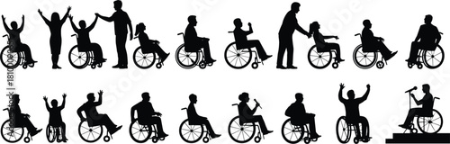 Wheelchair silhouette, disabled people, inclusive activity, expressive pose, disability awareness, communication gesture, social interaction, accessibility concept, diversity illustration,