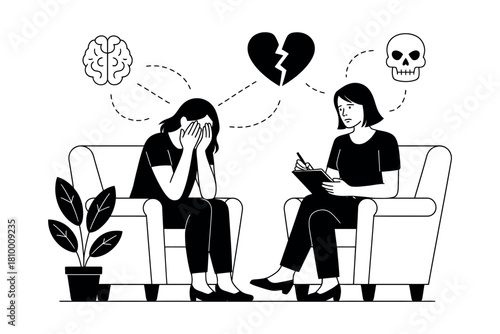 A woman cries while speaking to a therapist who is taking notes and symbolizes mental health concerns.