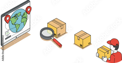 Global shipping, logistics tracking, delivery service, package inspection, supply chain, courier worker, cardboard boxes, world map, geolocation, e-commerce