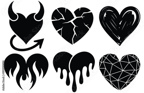 Hand drawn hearts shape icon vector set, Evil Heart, Broken Heart, Flaming Heart, Dripping Heart, Geometric Heart representing various emotional states and symbolism
