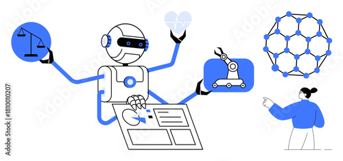 Robot multitasking with scales, heart, robotic arm, and data chart. Woman points to molecular structure. Ideal for technology, ethics, AI, automation collaboration innovation futuristic themes