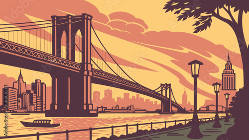 “Retro NYC Sunset with Brooklyn Bridge – Vintage New York Art”