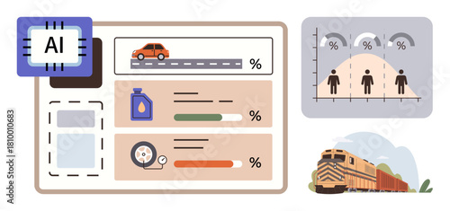 AI-powered dashboard analyzing vehicle stats, human demographics, train movements with progress bars and charts. Ideal for transportation, data analytics, AI, statistics, management, automation