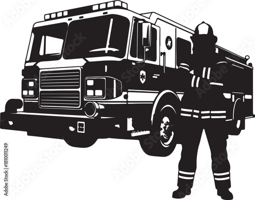 Black and white illustration of a firefighter standing next to a fire truck fire engine emergency vehicle on transparent background