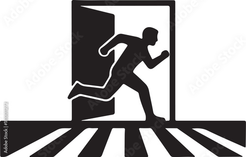 Black silhouette of a man running out of an open door with a striped path doorway on transparent background