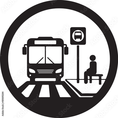 Black and white icon of a person sitting at a bus stop with a bus arriving waiting bench on transparent background