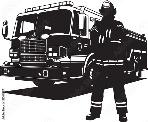 Firefighter Silhouette Standing Next to Fire Truck emergency vehicle rescue on transparent background