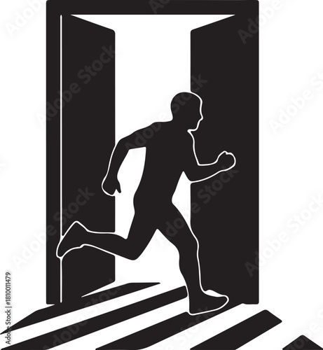 Silhouette of a Person Running Out of Open Doors male on transparent background