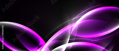 Abstract design features flowing curves, vibrant pinks, whites against dark background. Modern, dynamic visual composition.