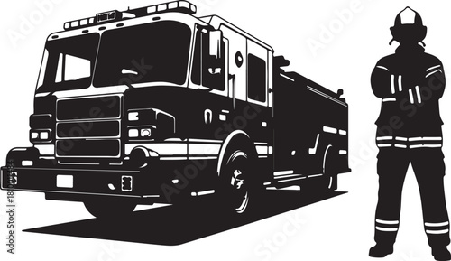 Silhouette of a fire truck and a firefighter standing with arms crossed on a white background fire engine on transparent background