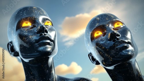 Two heads gaze toward the sky then slowly turn to look at each other, concept of hope, connection, and human emotion
