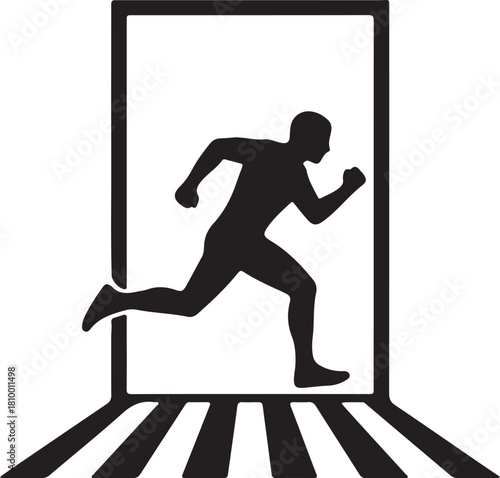 Silhouette of a man running through an open doorway with a path leading away vector illustration on transparent background