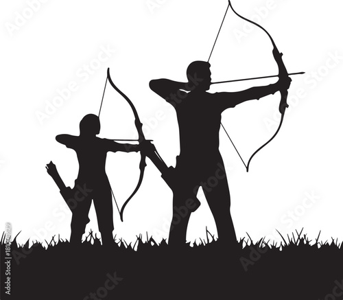 Silhouette of two archers aiming bows and arrows in grassy field against white background archery target on transparent background