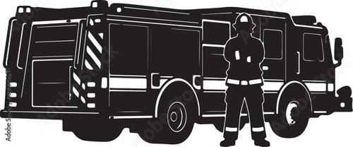 Silhouette of Firefighter Standing Next to Fire Truck emergency vehicle rescue on transparent background